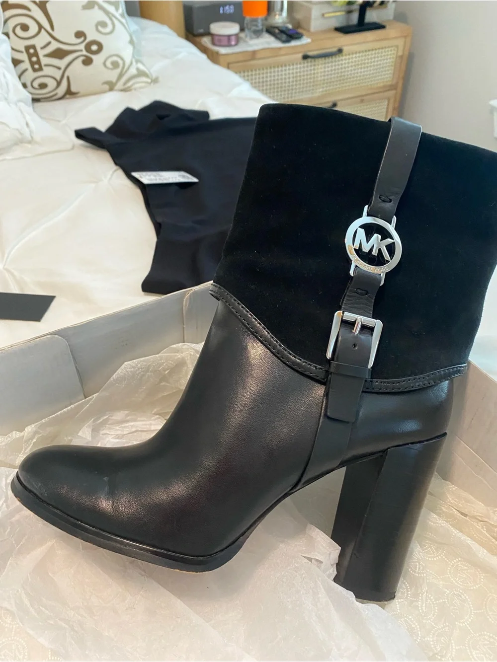 Michael Kors FultonBlack Leather and Suede MK Logo Block Heel Ankle Boot